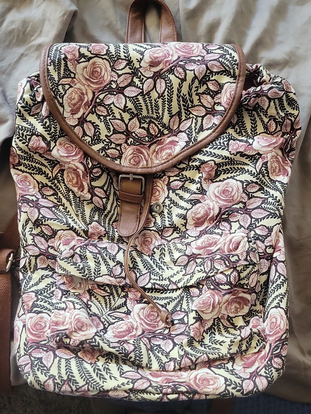 Candies - Floral Canvas Backpack in Pink and Cream